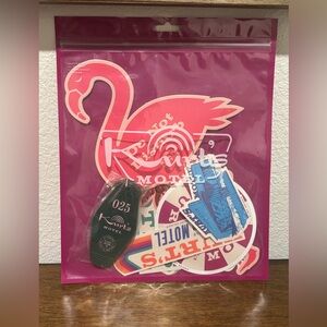Kurt Geiger Pink and Blue Flamingo Sticker, Door Hanger, Keyring Set